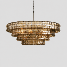 36" Ghiaccio Round Textured Glass Chandelier with Smoke Glass and Bronze Finish, Light On