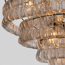Close-Up of Clear Textured Glass and Brass Frame Detail on Ghiaccio Round Chandelier