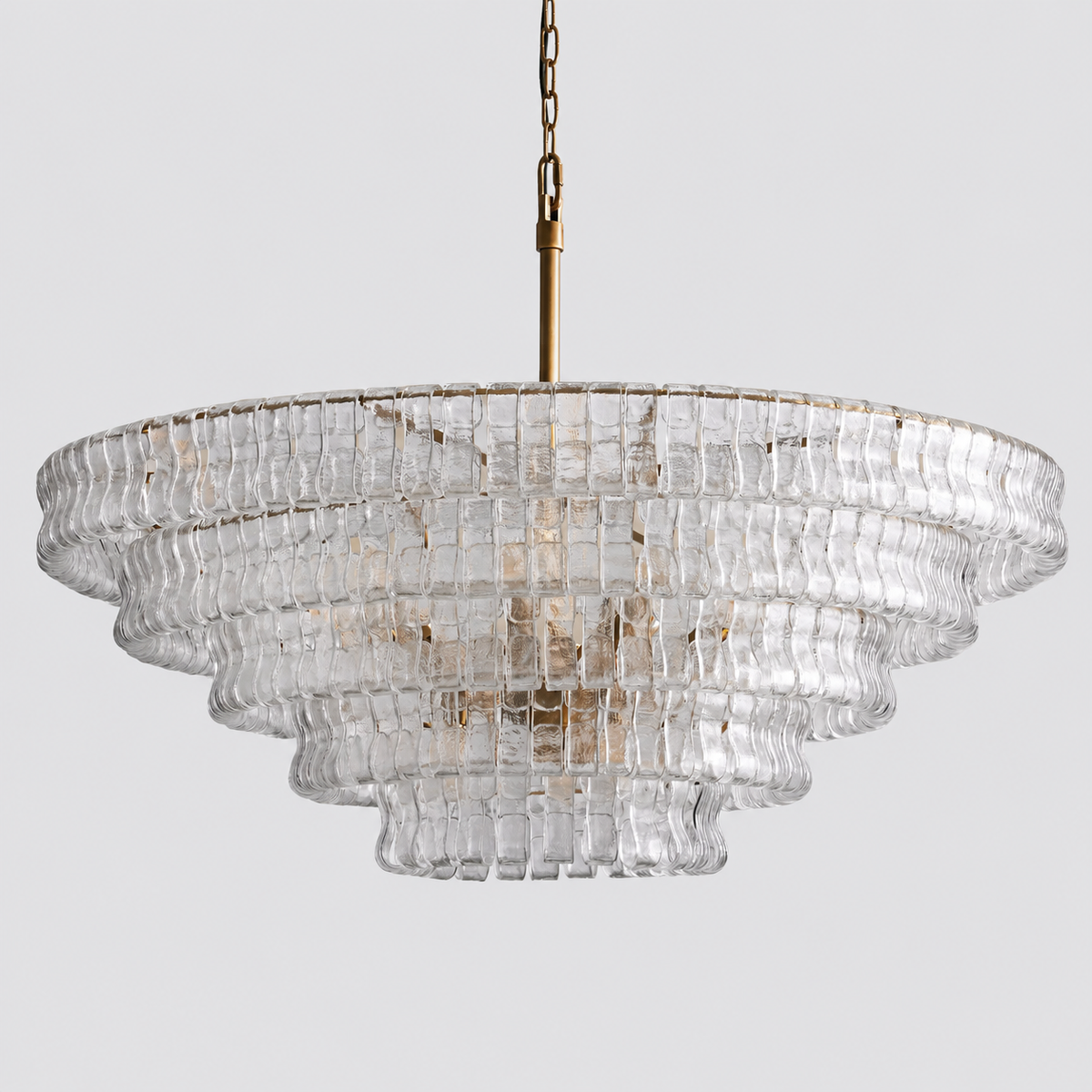 48" Ghiaccio Round Textured Glass Chandelier with Clear Glass and Brass Finish, Light Off