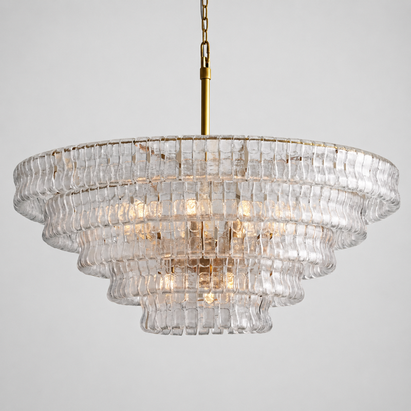 Ghiaccio Round Textured Glass Chandelier, 48-inch brass clear glass modern classic chandelier for large dining room, grand foyer, high ceiling living room, and great room