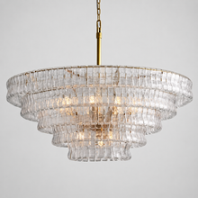 48" Ghiaccio Round Textured Glass Chandelier with Clear Glass and Brass Finish, Light On