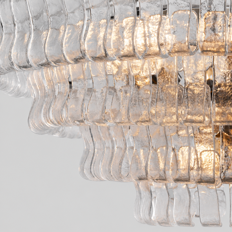 Close-Up of Clear Textured Glass and Bronze Frame Detail on Ghiaccio Round Chandelier