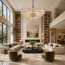 48" Ghiaccio Round Textured Glass Chandelier with Clear Glass and Bronze Finish in a Living Room