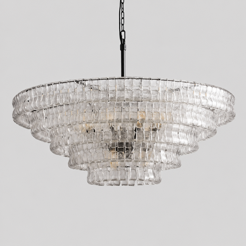 48" Ghiaccio Round Textured Glass Chandelier with Clear Glass and Bronze Finish, Light Off