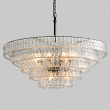 48" Ghiaccio Round Textured Glass Chandelier with Clear Glass and Bronze Finish, Light On