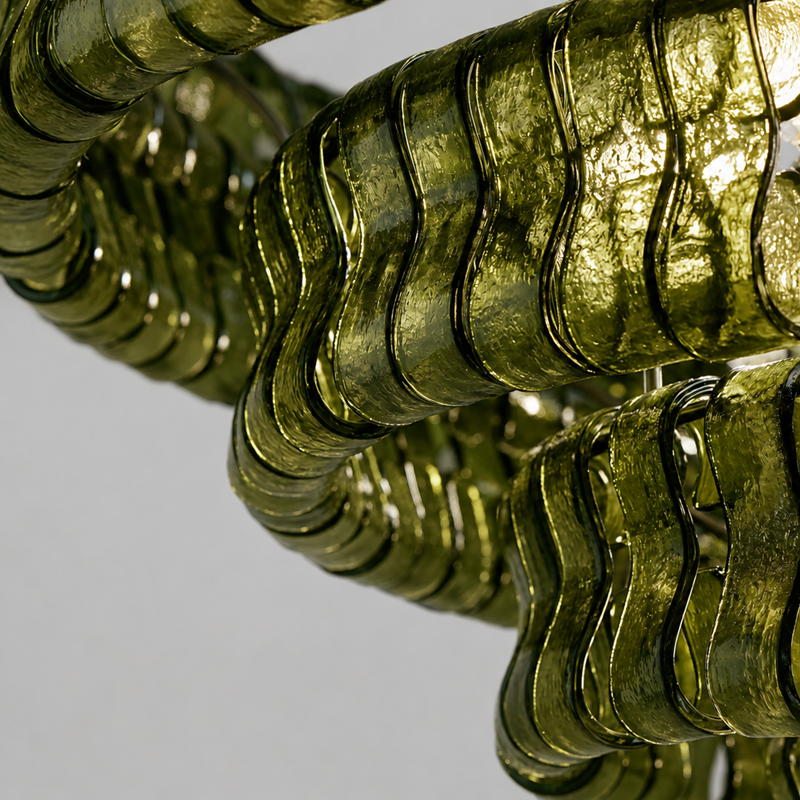 Close-Up of Green Textured Glass and Brass Frame Detail on Ghiaccio Round Chandelier