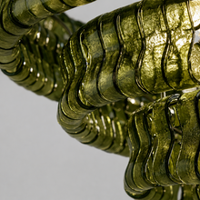 Close-Up of Green Textured Glass and Brass Frame Detail on Ghiaccio Round Chandelier