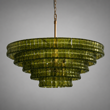 48" Ghiaccio Round Textured Glass Chandelier with Green Glass and Brass Finish, Light Off