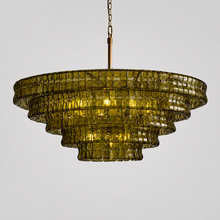48" Ghiaccio Round Textured Glass Chandelier with Green Glass and Brass Finish, Light On