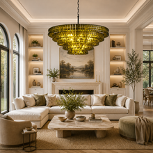 48" Ghiaccio Round Textured Glass Chandelier with Green Glass and Bronze Finish in a Living Room