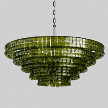 48" Ghiaccio Round Textured Glass Chandelier with Green Glass and Bronze Finish, Light Off