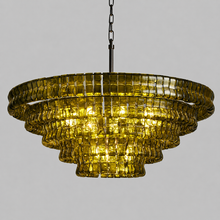 48" Ghiaccio Round Textured Glass Chandelier with Green Glass and Bronze Finish, Light On