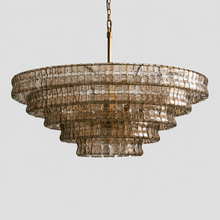 48" Ghiaccio Round Textured Glass Chandelier with Smoke Glass and Brass Finish, Light Off