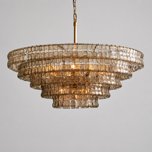 48" Ghiaccio Round Textured Glass Chandelier with Smoke Glass and Brass Finish, Light On