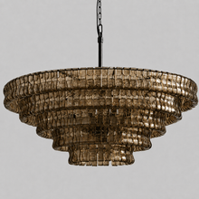 48" Ghiaccio Round Textured Glass Chandelier with Smoke Glass and Bronze Finish, Light Off
