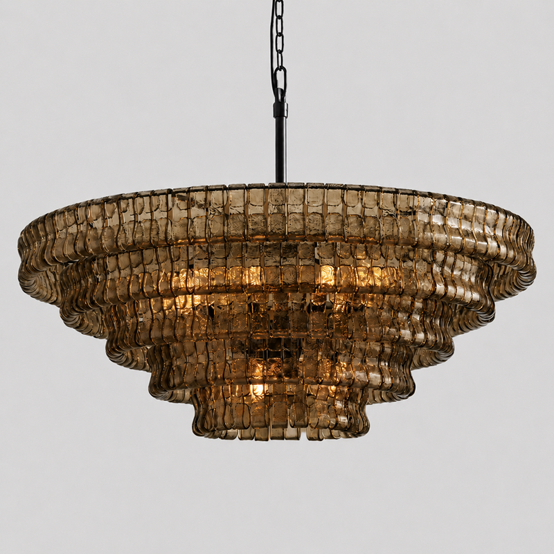 Ghiaccio Round Textured Glass Chandelier, 48-inch bronze smoke glass Art Deco inspired chandelier for large dining room, grand foyer, great room, and high ceiling space