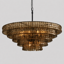 48" Ghiaccio Round Textured Glass Chandelier with Smoke Glass and Bronze Finish, Light On