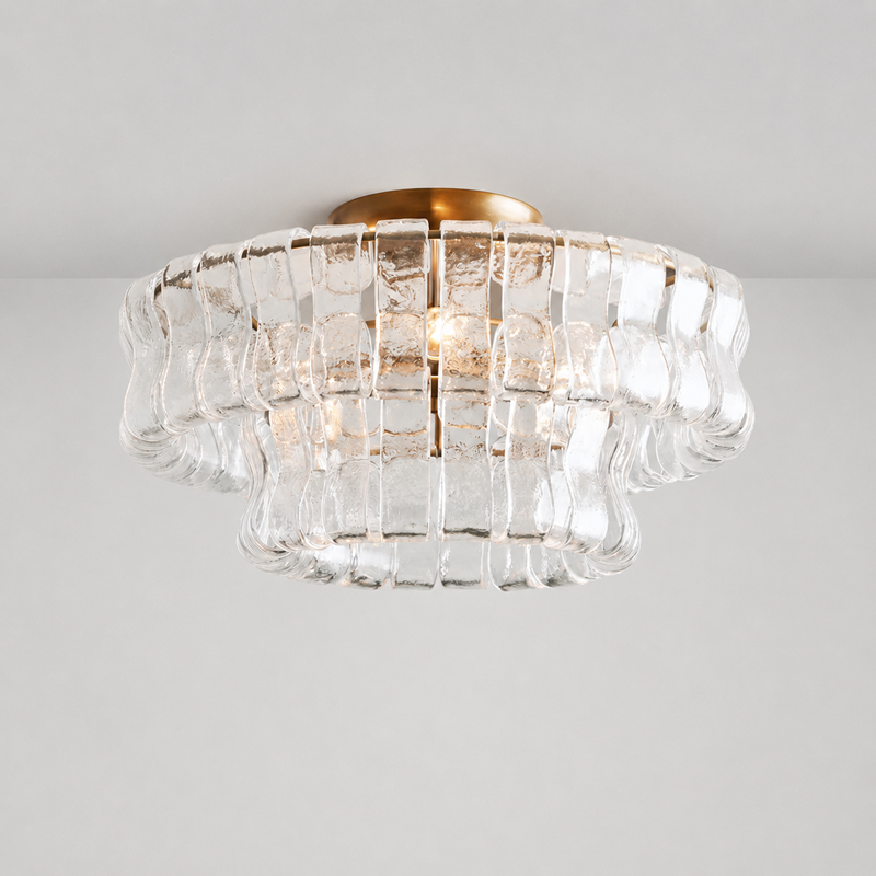 Ghiaccio Textured Glass Flushmount Light with Clear Glass and Brass Finish, Light On