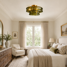 Ghiaccio Textured Glass Flushmount Light with Green Glass and Brass Finish in a Bedroom