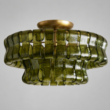 Ghiaccio Textured Glass Flushmount Light with Green Glass and Brass Finish, Light Off