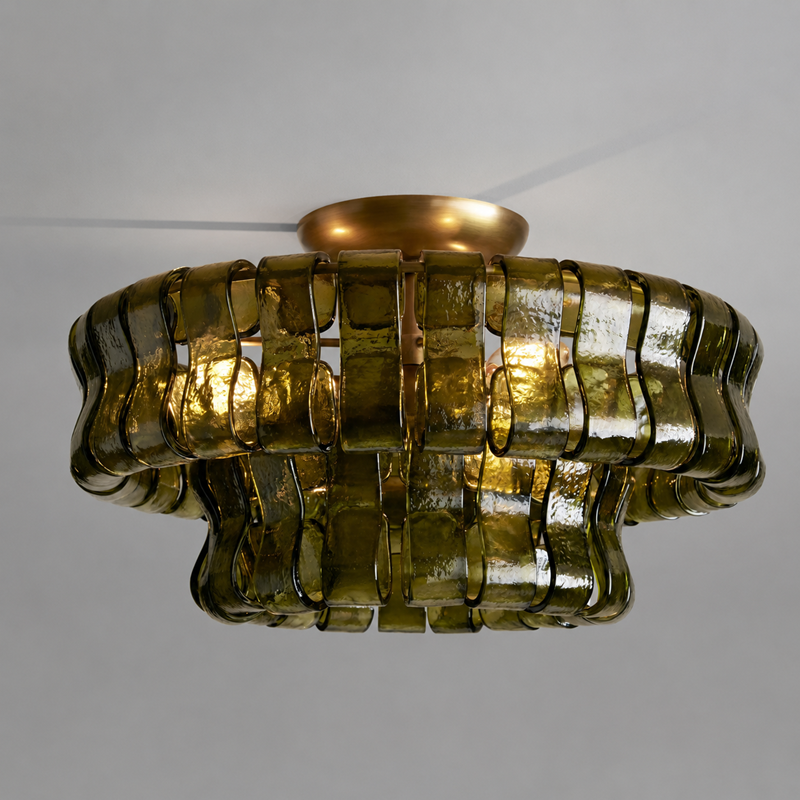 Ghiaccio Textured Glass Flushmount Light with Green Glass and Brass Finish, Light On