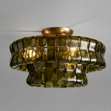 Ghiaccio Textured Glass Flushmount Light with Green Glass and Brass Finish, Light On