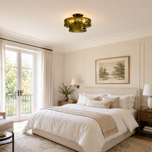 Ghiaccio Textured Glass Flushmount Light with Green Glass and Bronze Finish in a Bedroom
