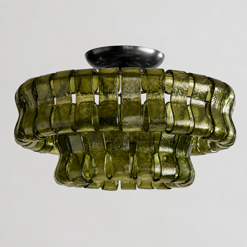 Ghiaccio Textured Glass Flushmount Light with Green Glass and Bronze Finish, Light Off