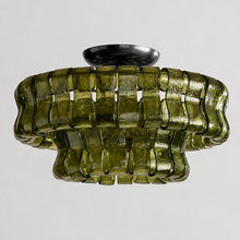 Ghiaccio Textured Glass Flushmount Light with Green Glass and Bronze Finish, Light Off