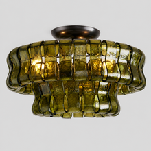 Ghiaccio Textured Glass Flushmount Light with Green Glass and Bronze Finish, Light On