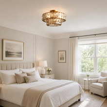 Ghiaccio Textured Glass Flushmount Light with Smoke Glass and Brass Finish in a Bedroom