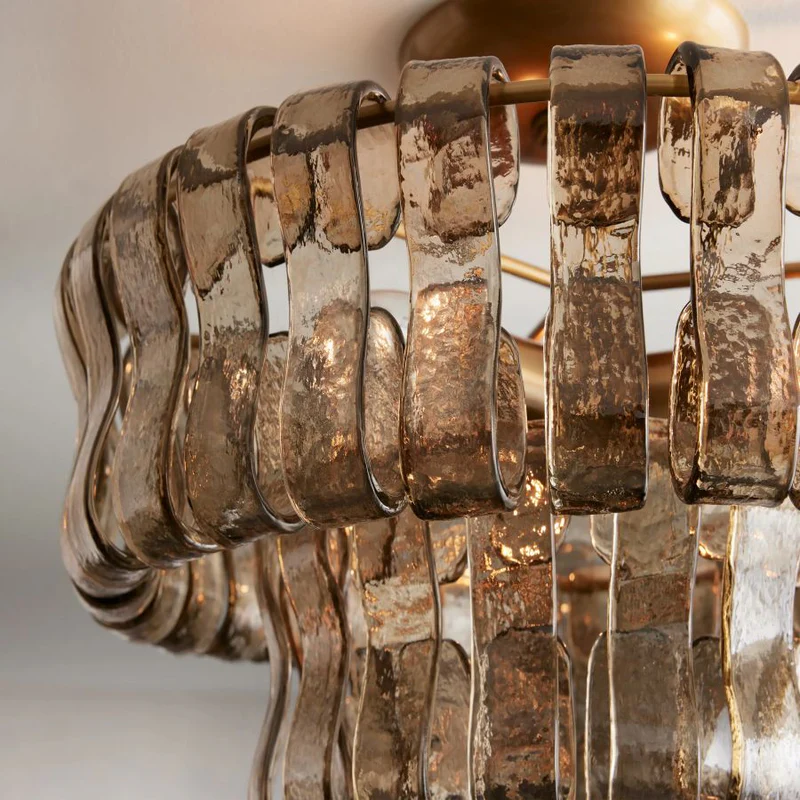 Close-Up of Smoke Textured Glass and Brass Frame Detail on Ghiaccio Flushmount Light