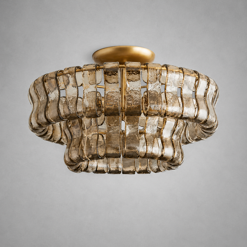 Ghiaccio Textured Glass Flushmount Light with Smoke Glass and Brass Finish, Light Off