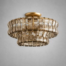 Ghiaccio Textured Glass Flushmount Light with Smoke Glass and Brass Finish, Light Off