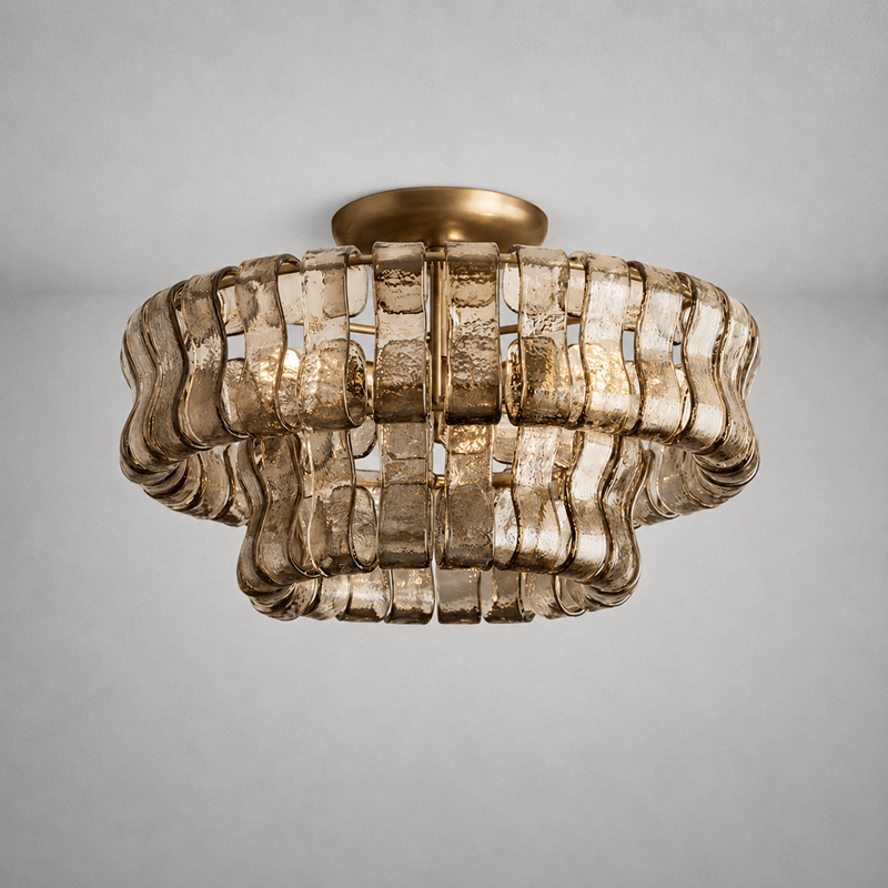 Ghiaccio Textured Glass Flushmount Light with Smoke Glass and Brass Finish, Light On