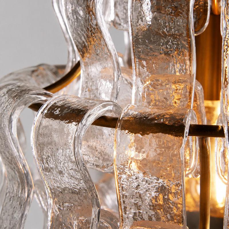 Close-Up of Clear Textured Glass and Brass Frame Detail on Ghiaccio Pendant