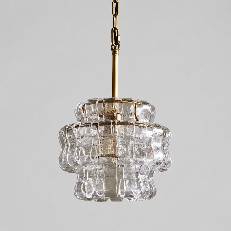 Ghiaccio Textured Glass Pendant with Clear Glass and Brass Finish, Light Off