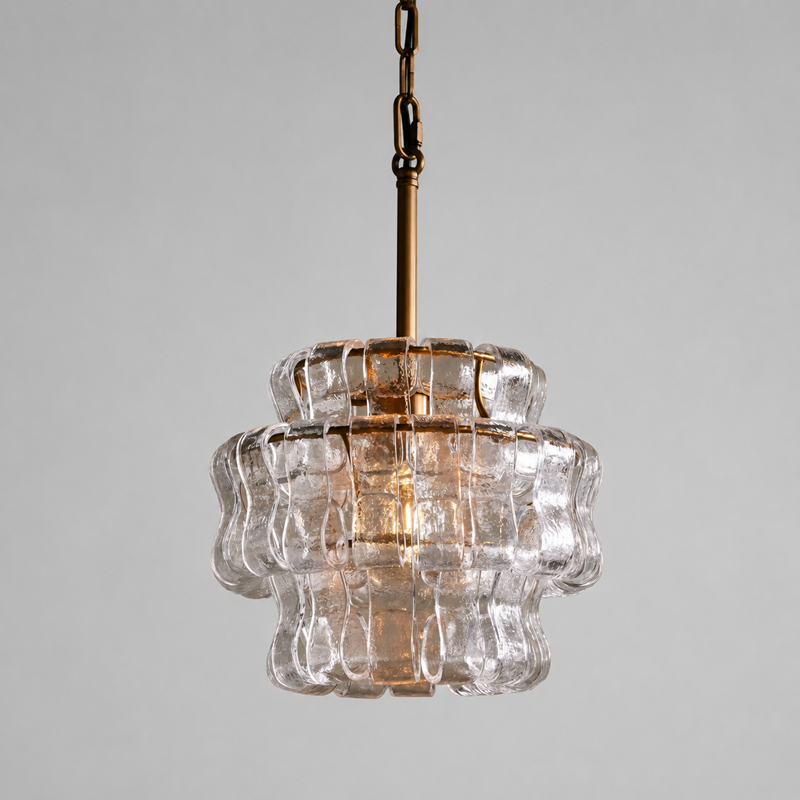 Ghiaccio Textured Glass Pendant with Clear Glass and Brass Finish, Light On