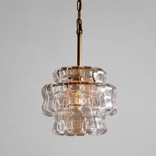 Ghiaccio Textured Glass Pendant with Clear Glass and Brass Finish, Light On