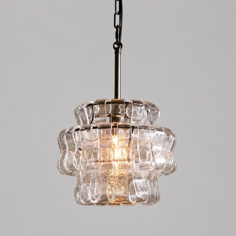 Ghiaccio Textured Glass Pendant with Clear Glass and Bronze Finish, Light On