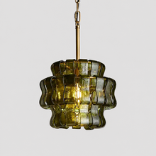 Ghiaccio Textured Glass Pendant with Green Glass and Brass Finish, Light On