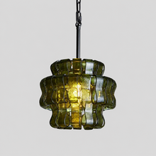 Ghiaccio Textured Glass Pendant with Green Glass and Bronze Finish, Light On