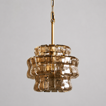 Ghiaccio Textured Glass Pendant with Smoke Glass and Brass Finish, Light Off