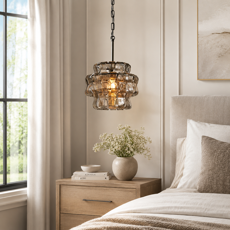 Ghiaccio Textured Glass Pendant with Smoke Glass and Bronze Finish in a Bedroom