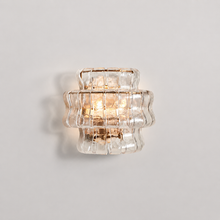 Ghiaccio Textured Glass Wall Light with Clear Glass and Brass Finish, Light On
