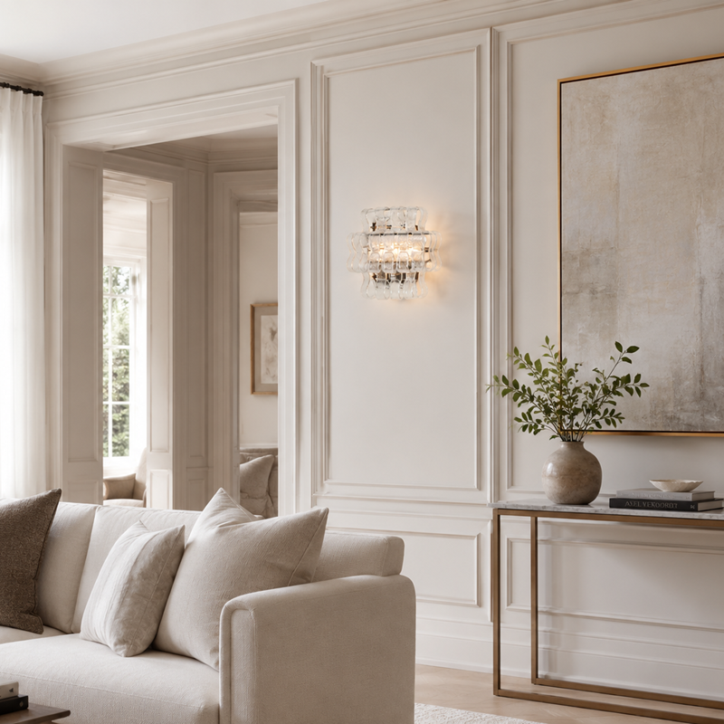 Ghiaccio Textured Glass Wall Light with Clear Glass and Bronze Finish in a Living Room