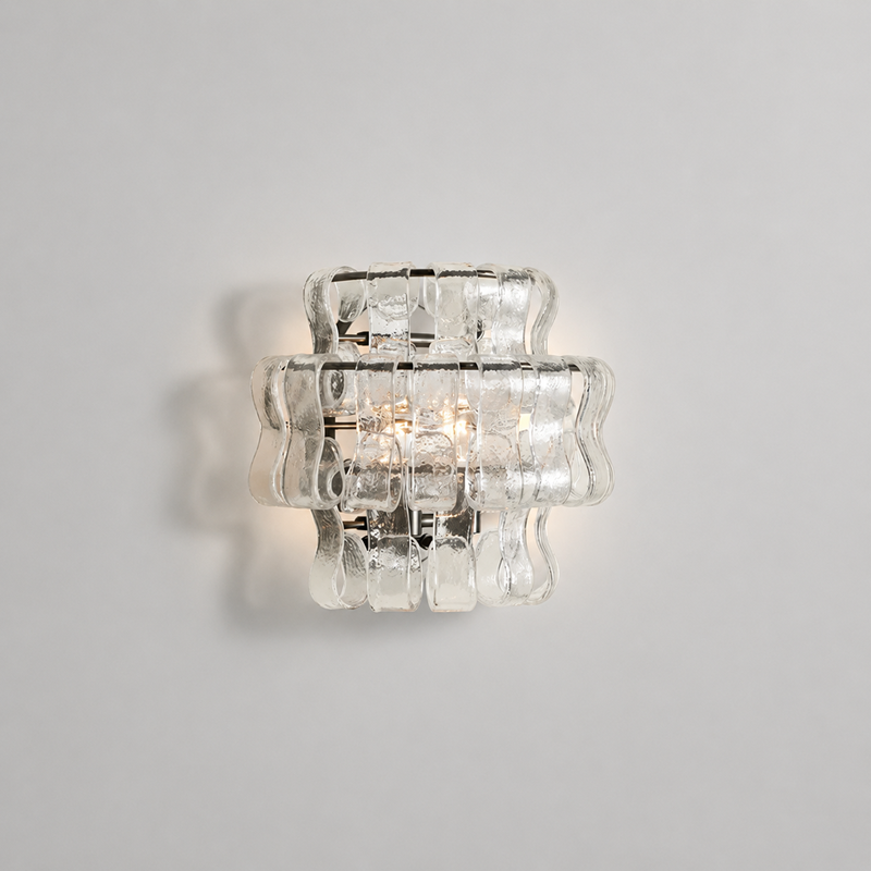 Ghiaccio Textured Glass Wall Light with Clear Glass and Bronze Finish, Light On