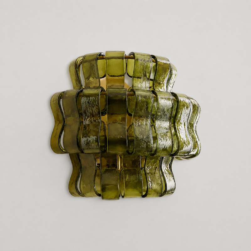 Ghiaccio Textured Glass Wall Light with Green Glass and Brass Finish, Light Off