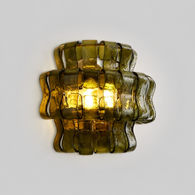 Ghiaccio Textured Glass Wall Light with Green Glass and Brass Finish, Light On