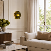 Ghiaccio Textured Glass Wall Light with Green Glass and Bronze Finish in a Living Room